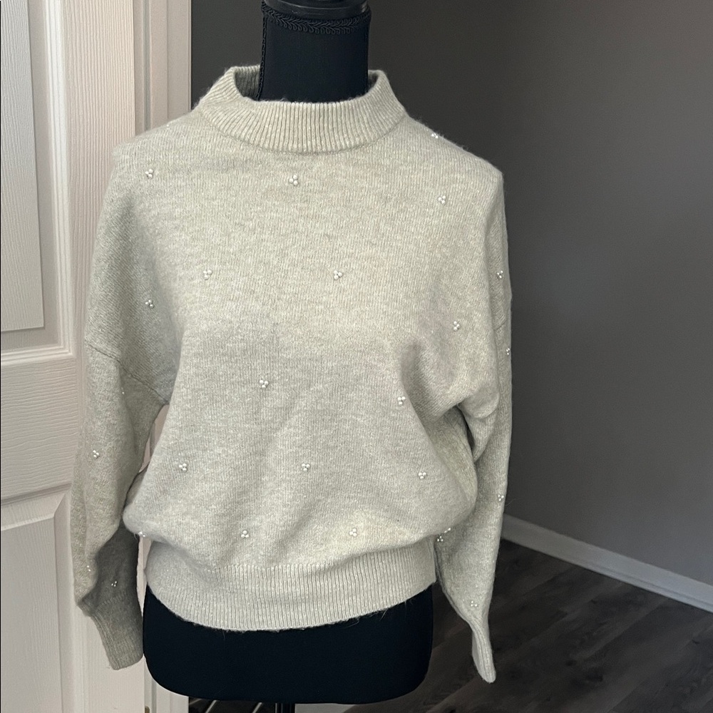 Elegant Grey-Cream Sweater with Pearl Accents